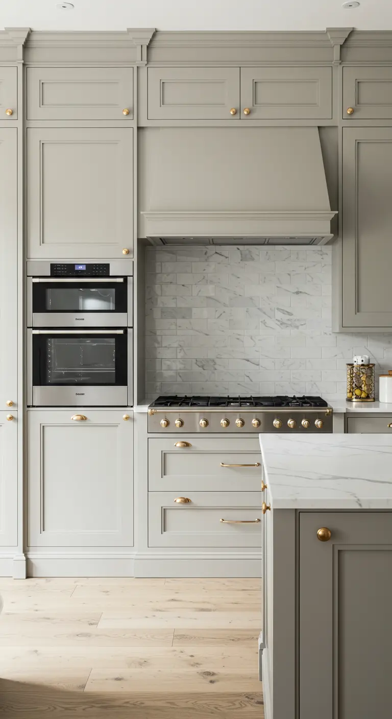 Greige kitchen with a wall of integrated ovens and cabinetry.