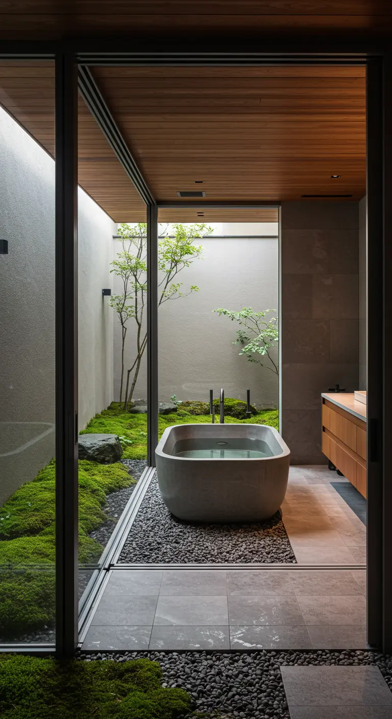 A stone bathtub in a bathroom with glass walls opening to a moss garden.