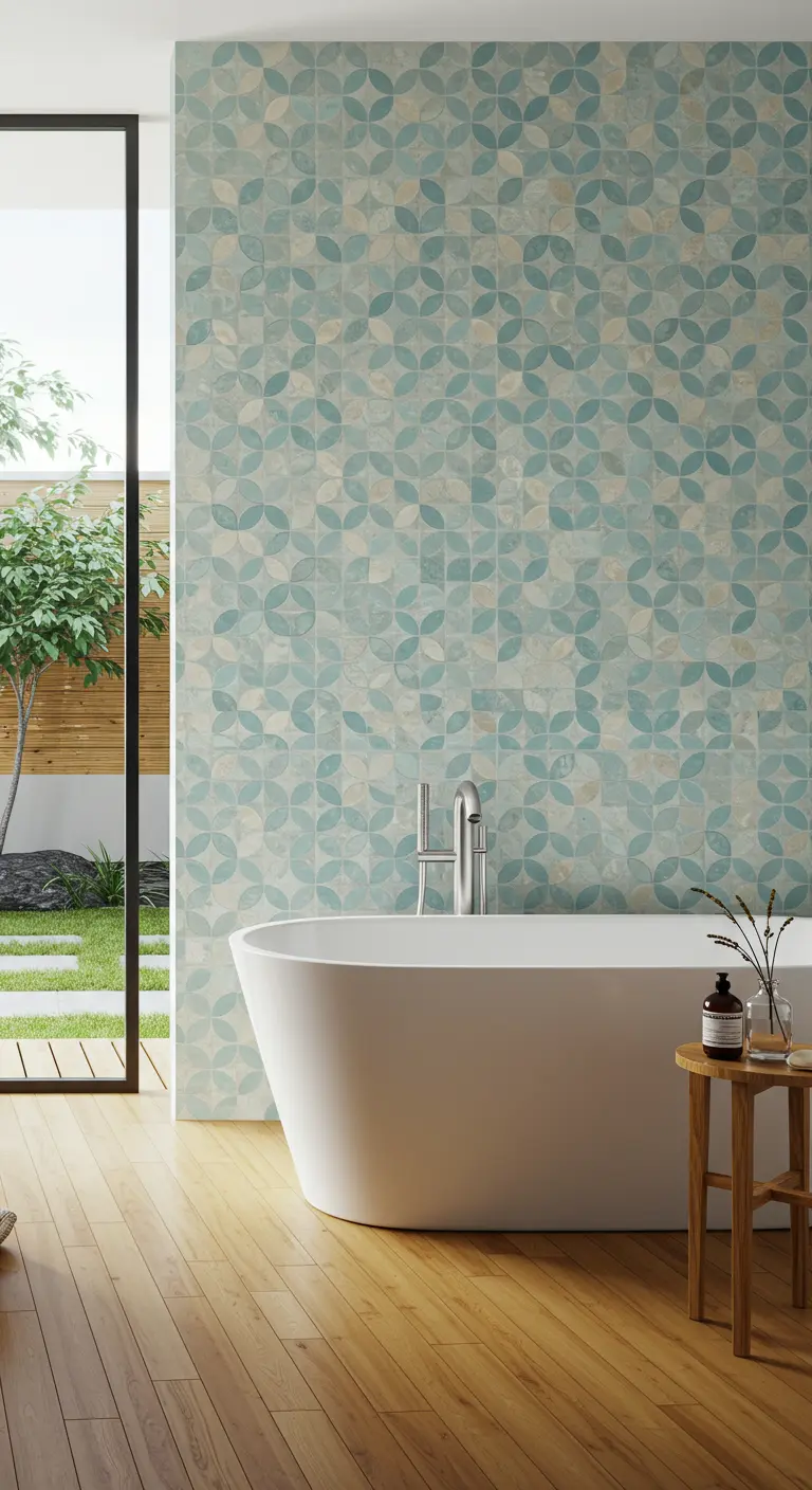 A soothing aqua and cream patterned tile accent wall behind a freestanding bathtub.
