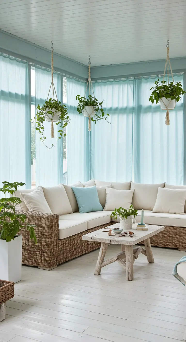 Sunroom with a wicker sectional, hanging plants, and light blue curtains all around.