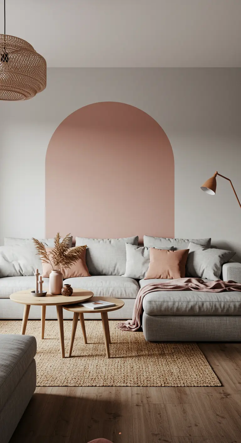 A dusty rose painted arch on a white wall frames a light grey sectional sofa.