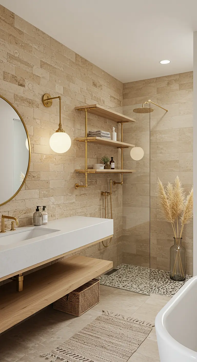 A light and airy bathroom with sandy-toned brick, brass fixtures, and a pebble shower floor.