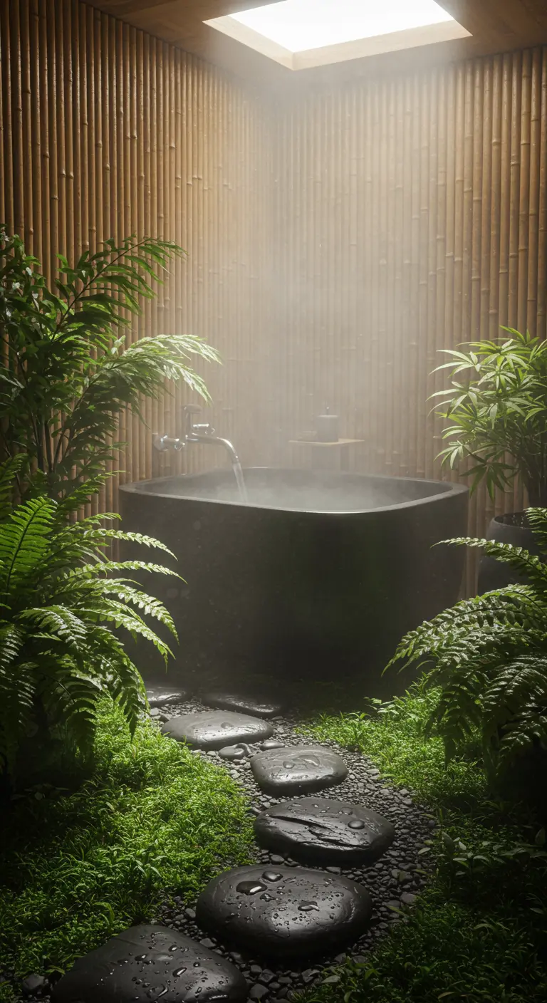 A steamy, dark bathroom with a stone tub, mossy ground, and a path of wet river stones.