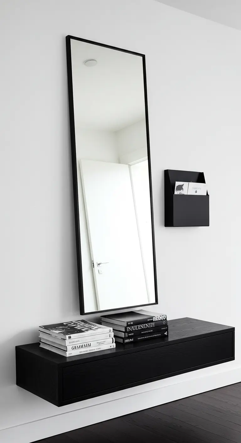 A black floating console with a tall, black-framed mirror leaning against a white wall.
