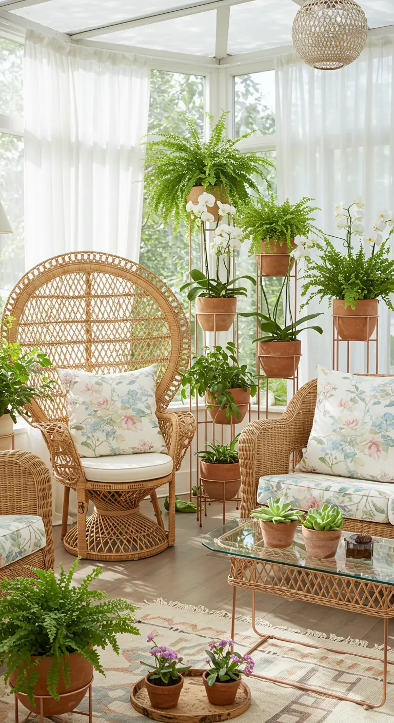Sunroom with rattan peacock chair, floral cushions, and numerous potted plants.