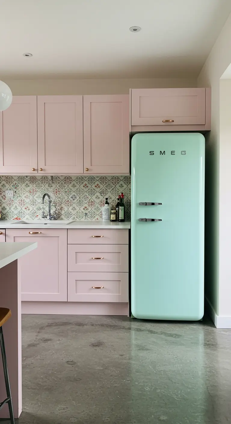 A kitchen with blush pink cabinets, a mint green retro fridge, and a patterned tile backsplash.