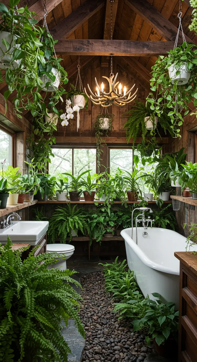 A rustic bathroom filled with an abundance of hanging and potted green plants.
