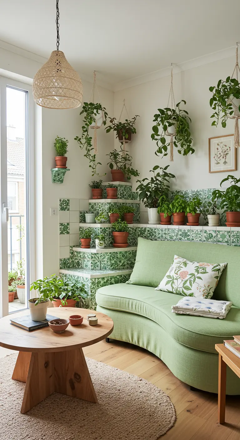 A bright corner filled with plants on a custom-built staircase made of green and white tiles.