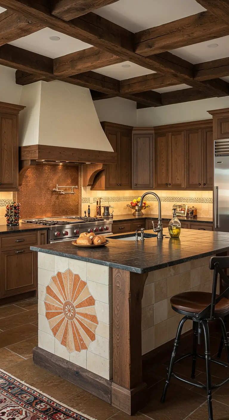 A rustic kitchen island featuring a large, sunburst-patterned tile medallion in terracotta hues.