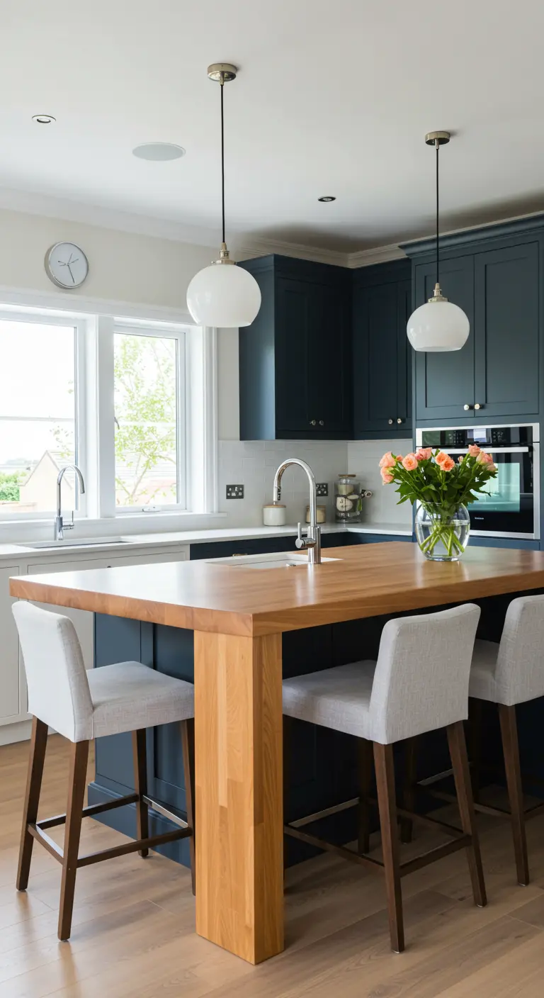 Navy kitchen island with a white quartz top and an attached lower wood dining table.