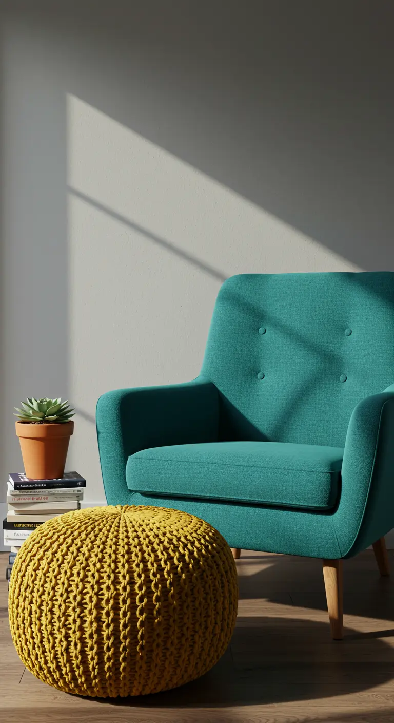 A tufted teal armchair is paired with a chunky mustard yellow knitted pouf.