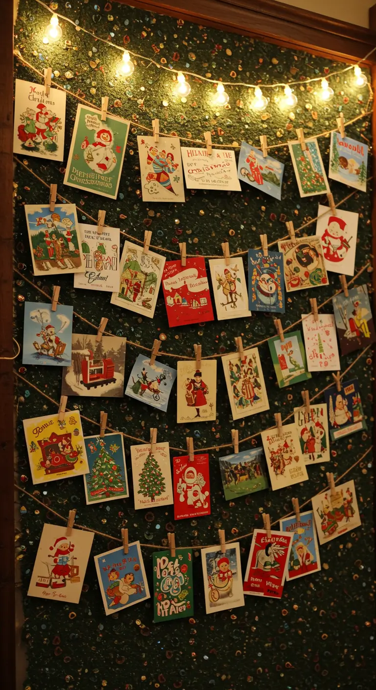A wall decorated with dozens of vintage Christmas cards clipped to strings of twine.