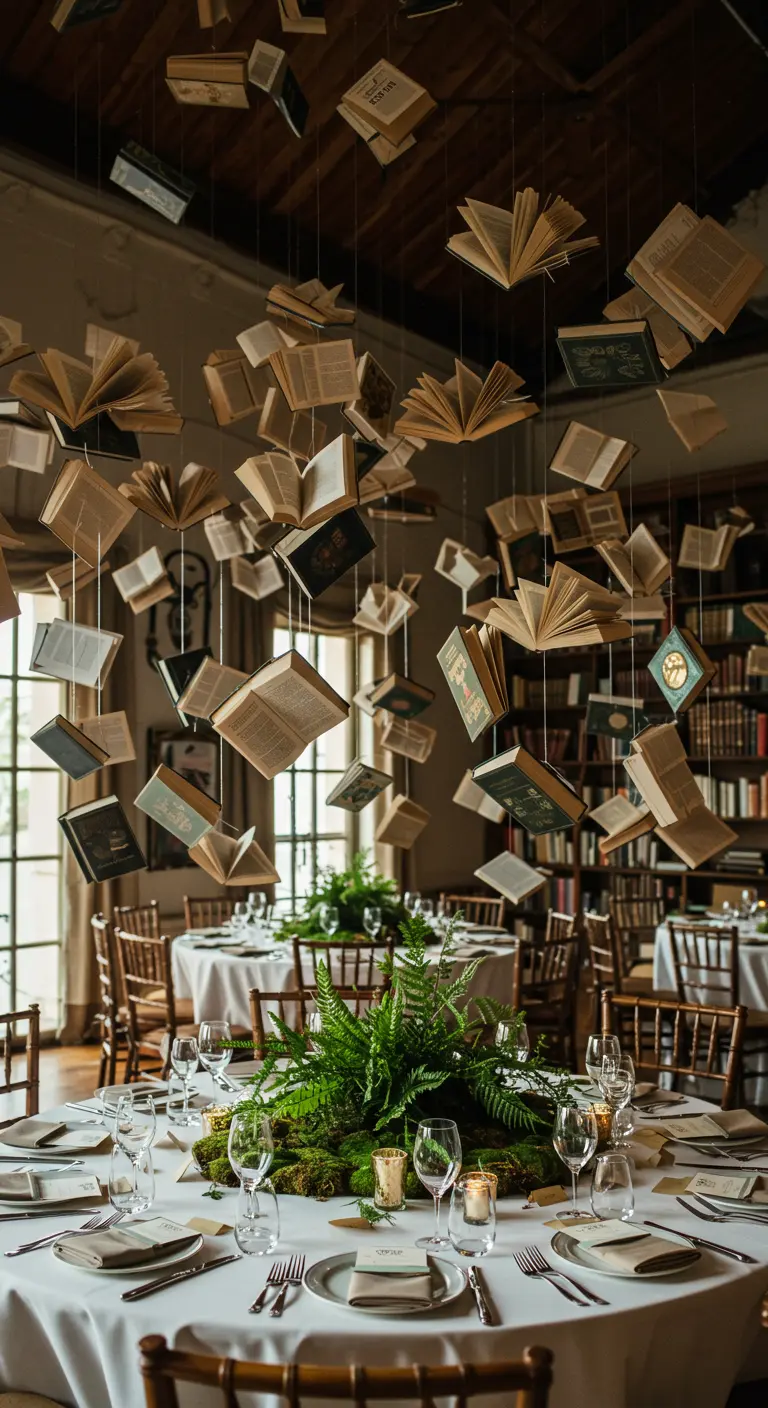 Dozens of open and closed books hanging from the ceiling over a dining table.