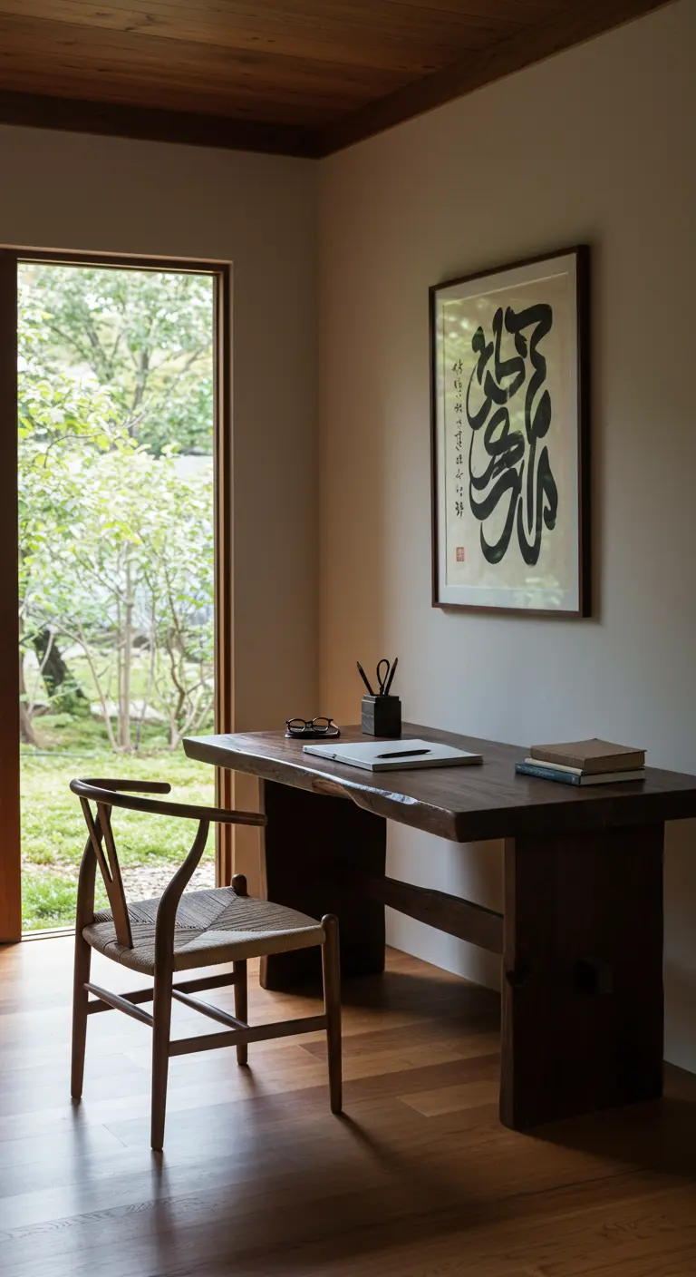 A quiet home office with a dark wood desk, a woven chair, and a view of a garden.