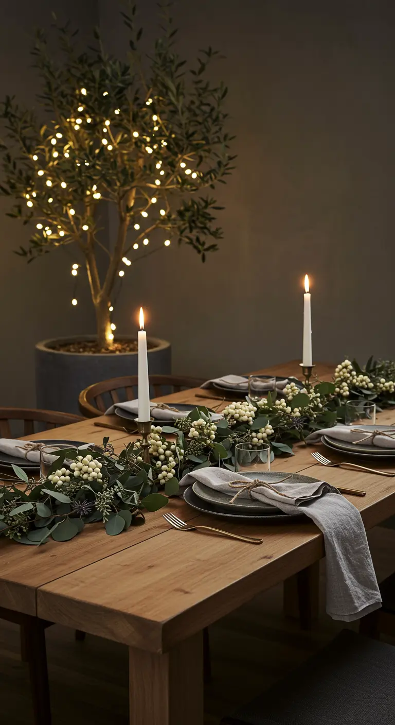 A close-up of a holiday dining table setting with an illuminated tree in the background.