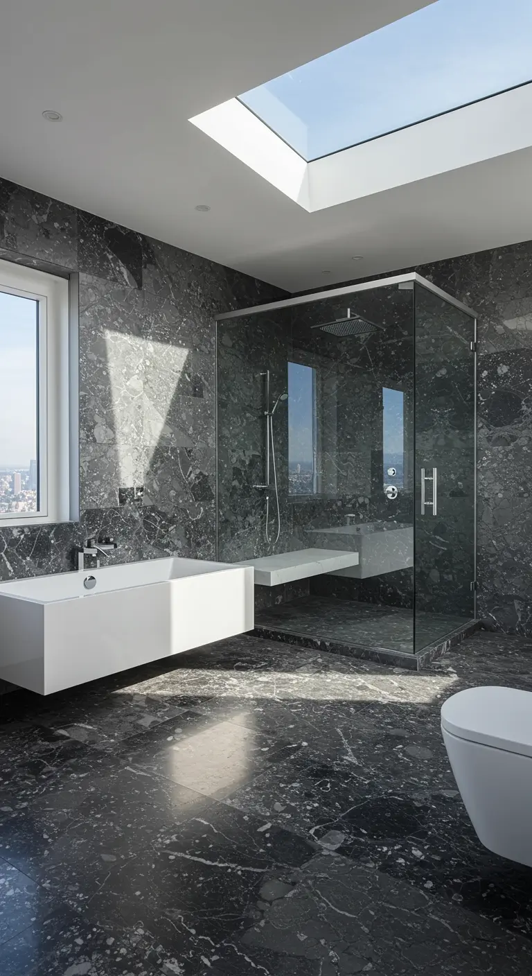 Modern bathroom with dark gray marble, a floating tub, and a large skylight.