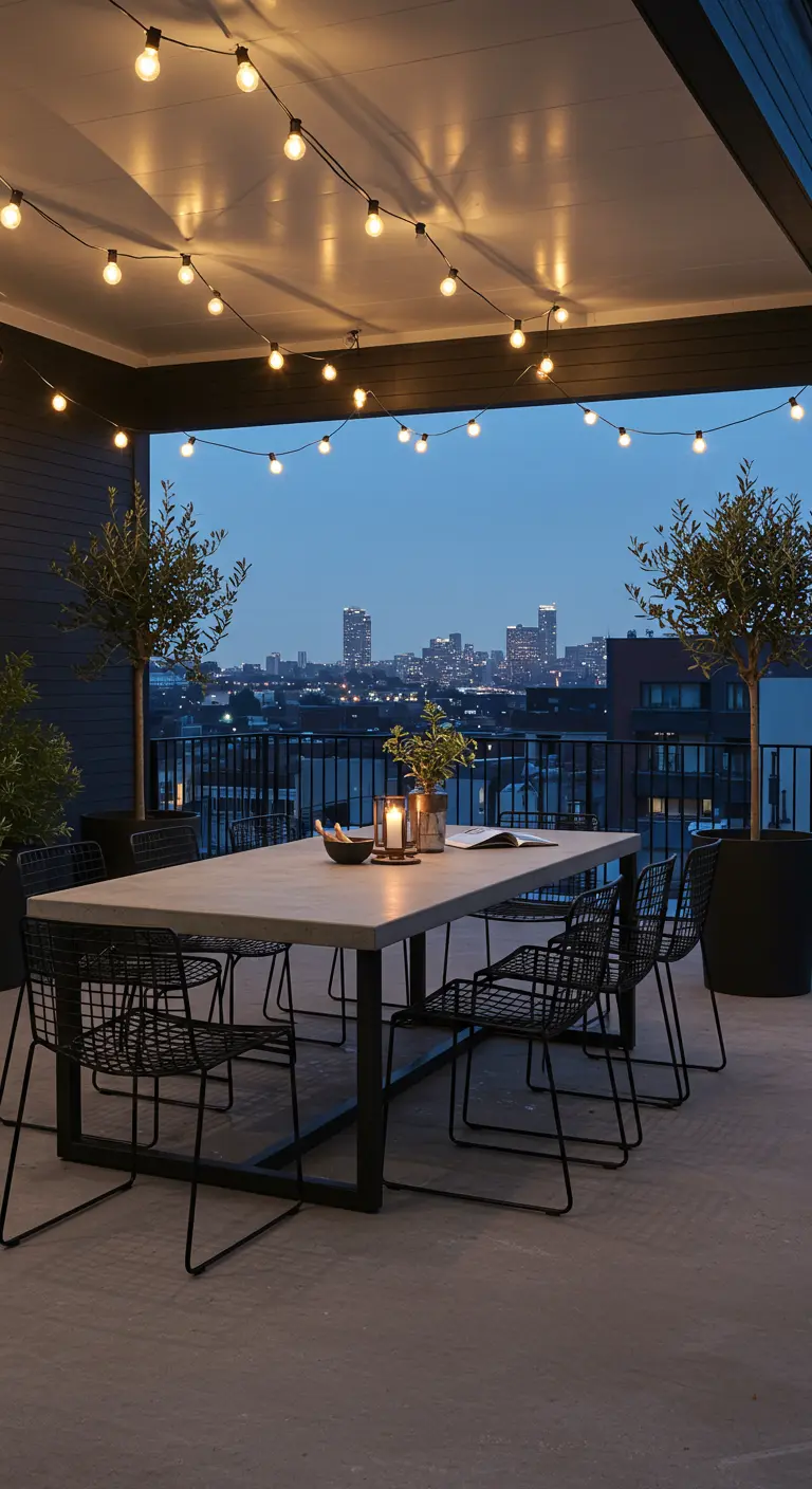 Balcony dining set with string lights overhead overlooking a city at dusk.