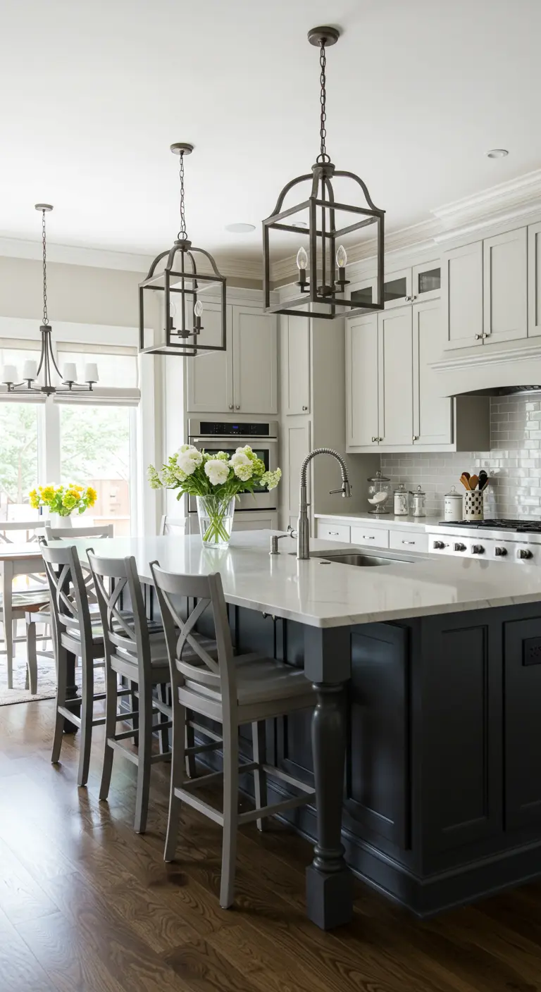 Kitchen with light gray cabinets and a dark charcoal island with lantern pendants.