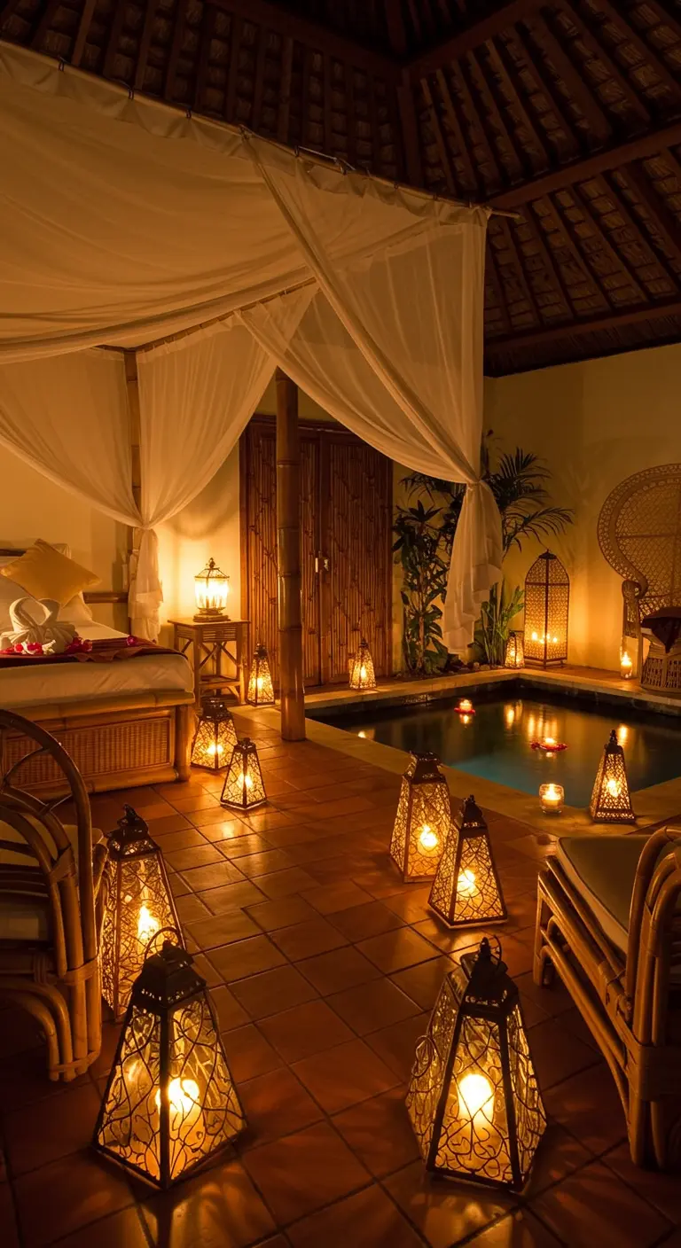 Bedroom with an indoor pool lit only by numerous floor lanterns at night.