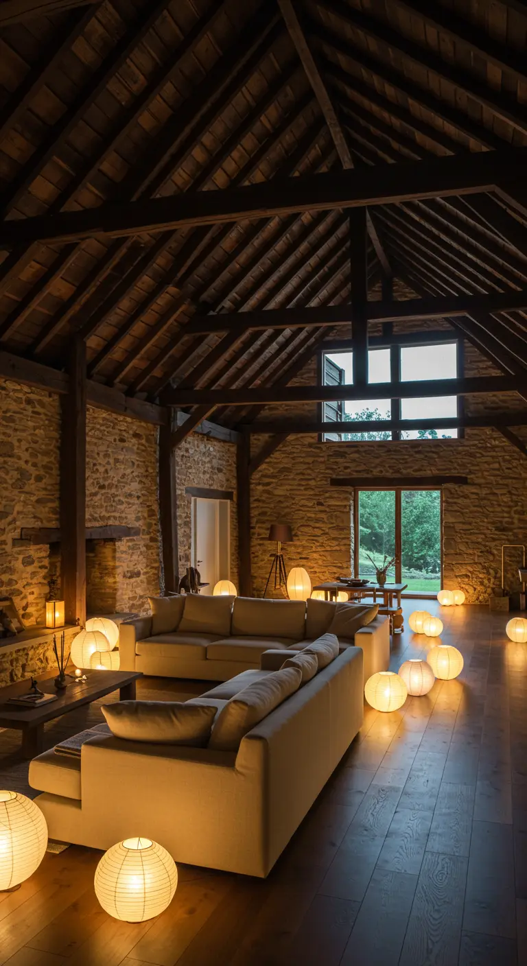 A rustic living room with stone walls and wood beams, lit by many paper floor lanterns.