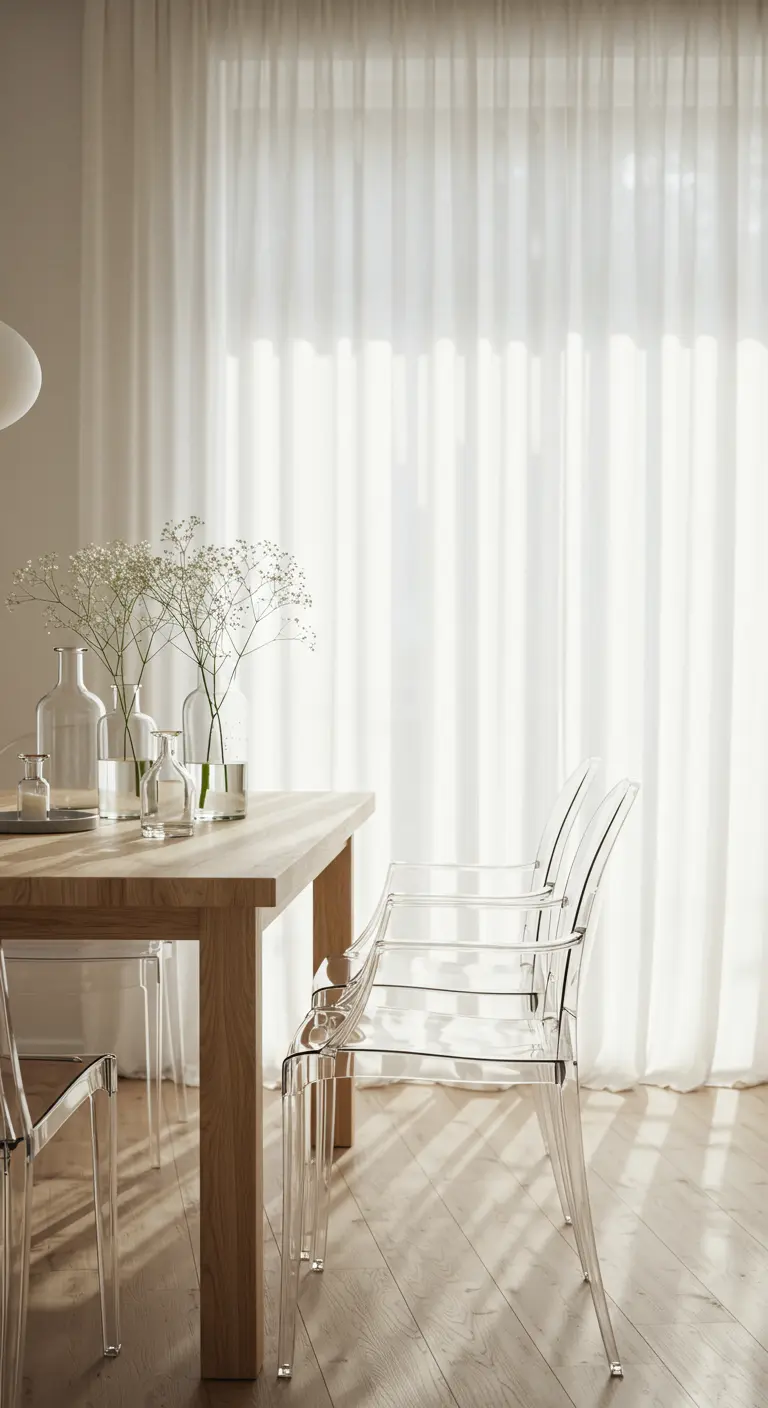 A light-filled dining room with a wooden table and transparent acrylic chairs.