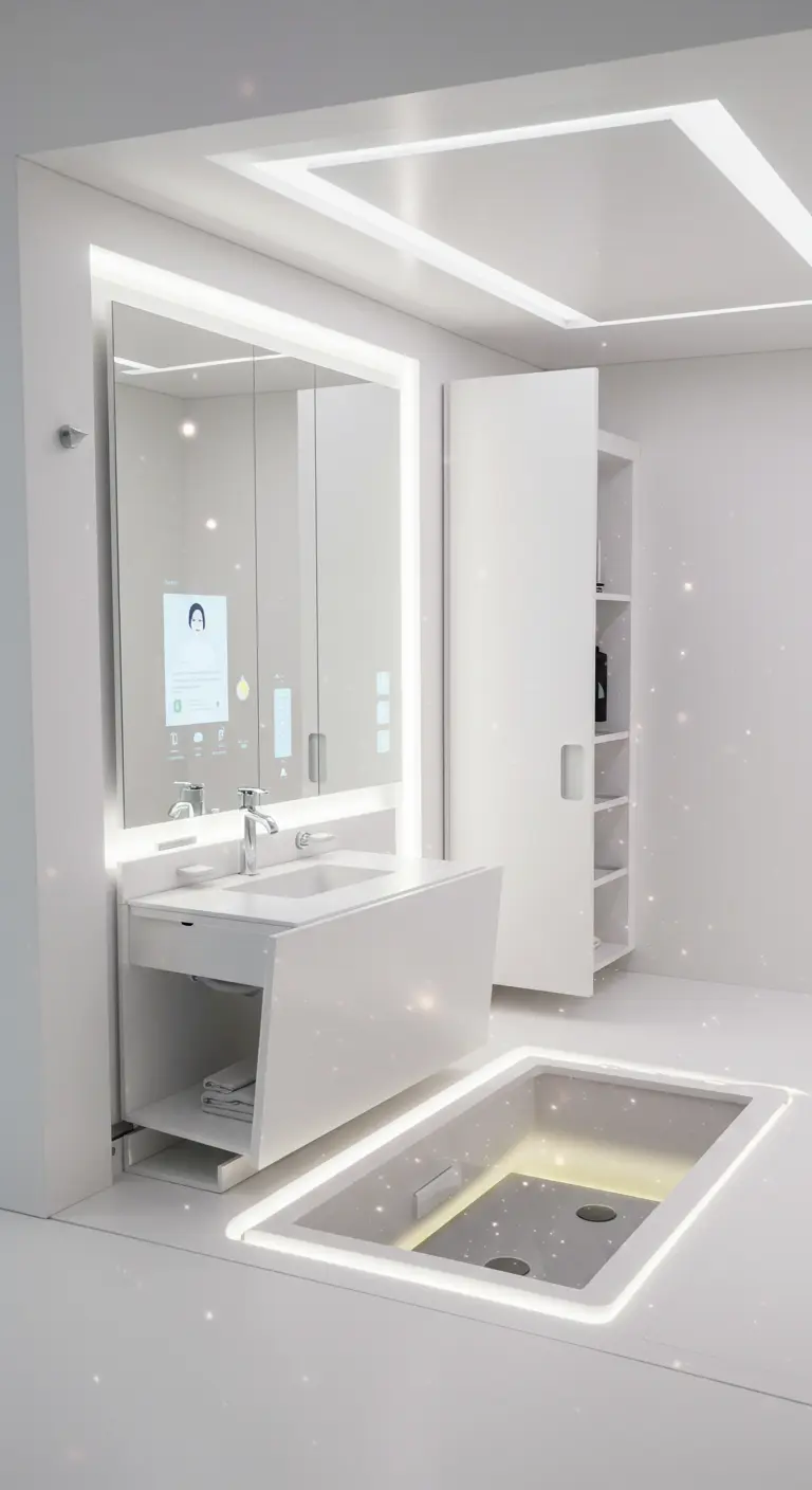 All-white bathroom with a smart mirror and a sunken bathtub.