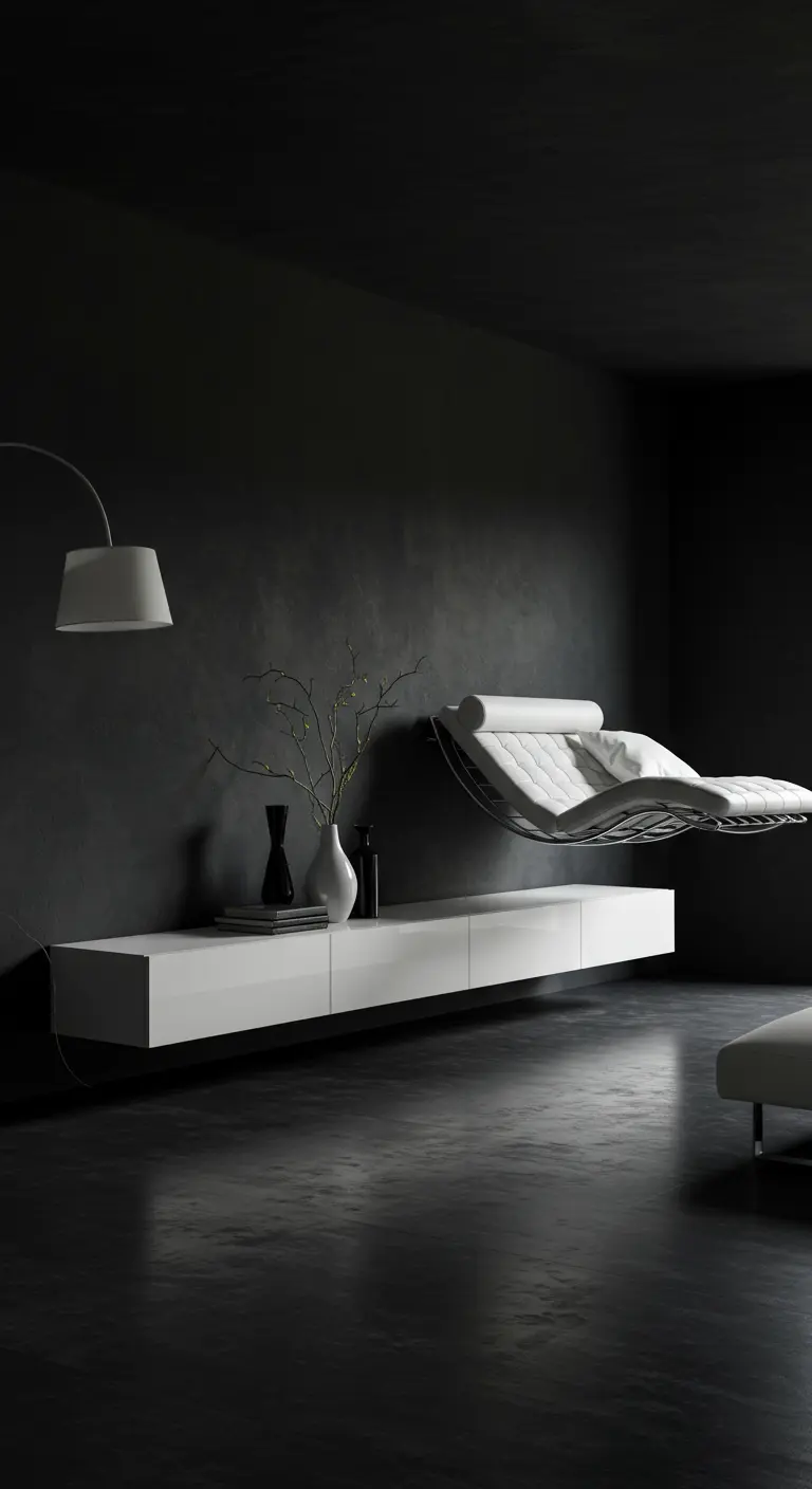 A white chaise mounted to a dark wall above a floating white console, creating a futuristic look.