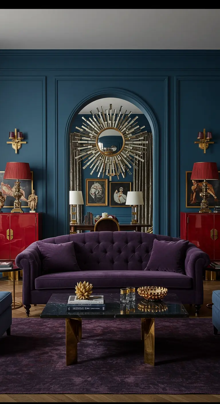 Opulent living room with teal walls, a purple sofa, and red lacquer cabinets.
