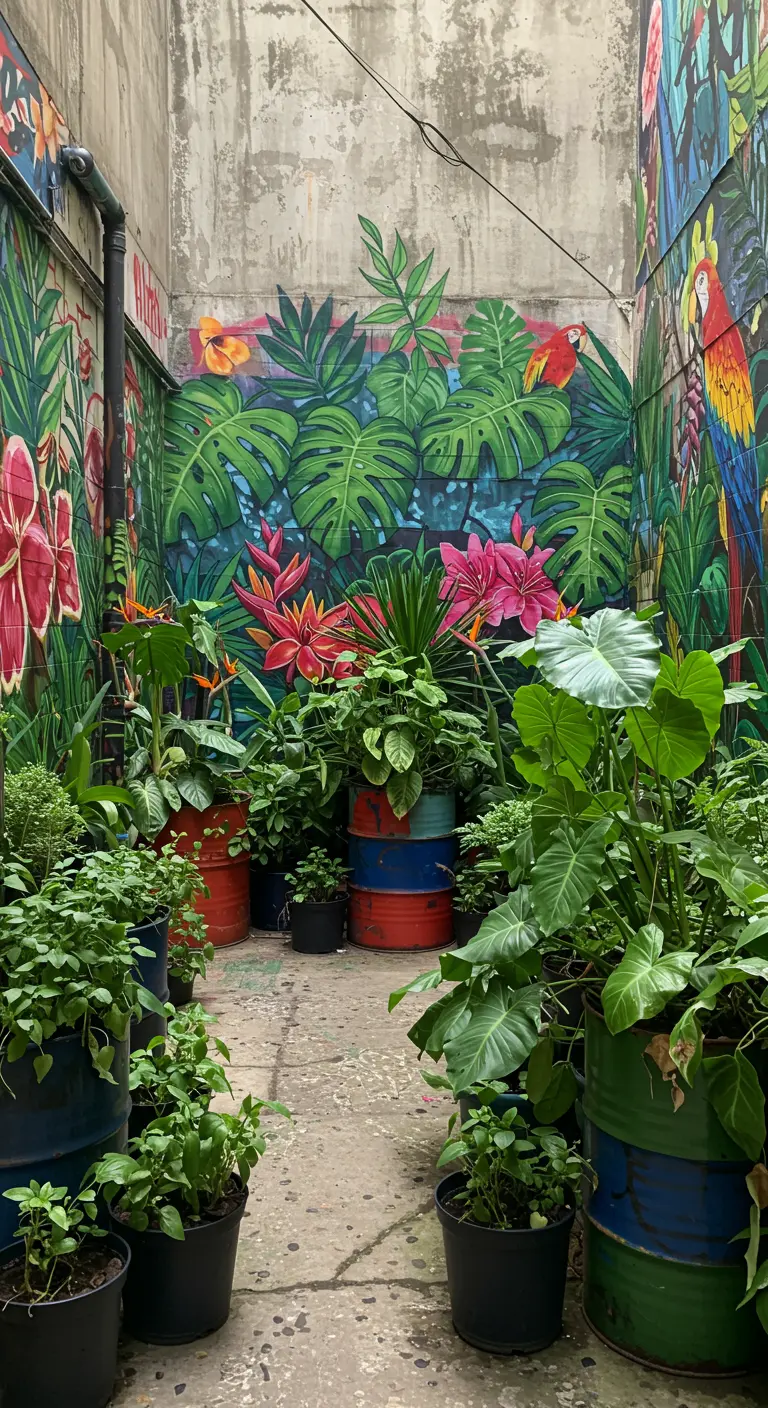 A narrow alley transformed with a vibrant jungle mural and large plants in colorful recycled barrels.