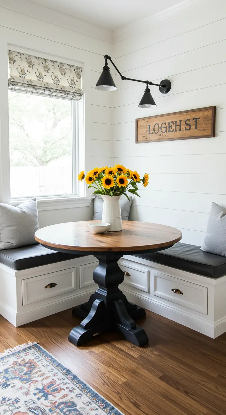 Breakfast nook with white built-in banquette seating, a black pedestal table, and sunflowers.