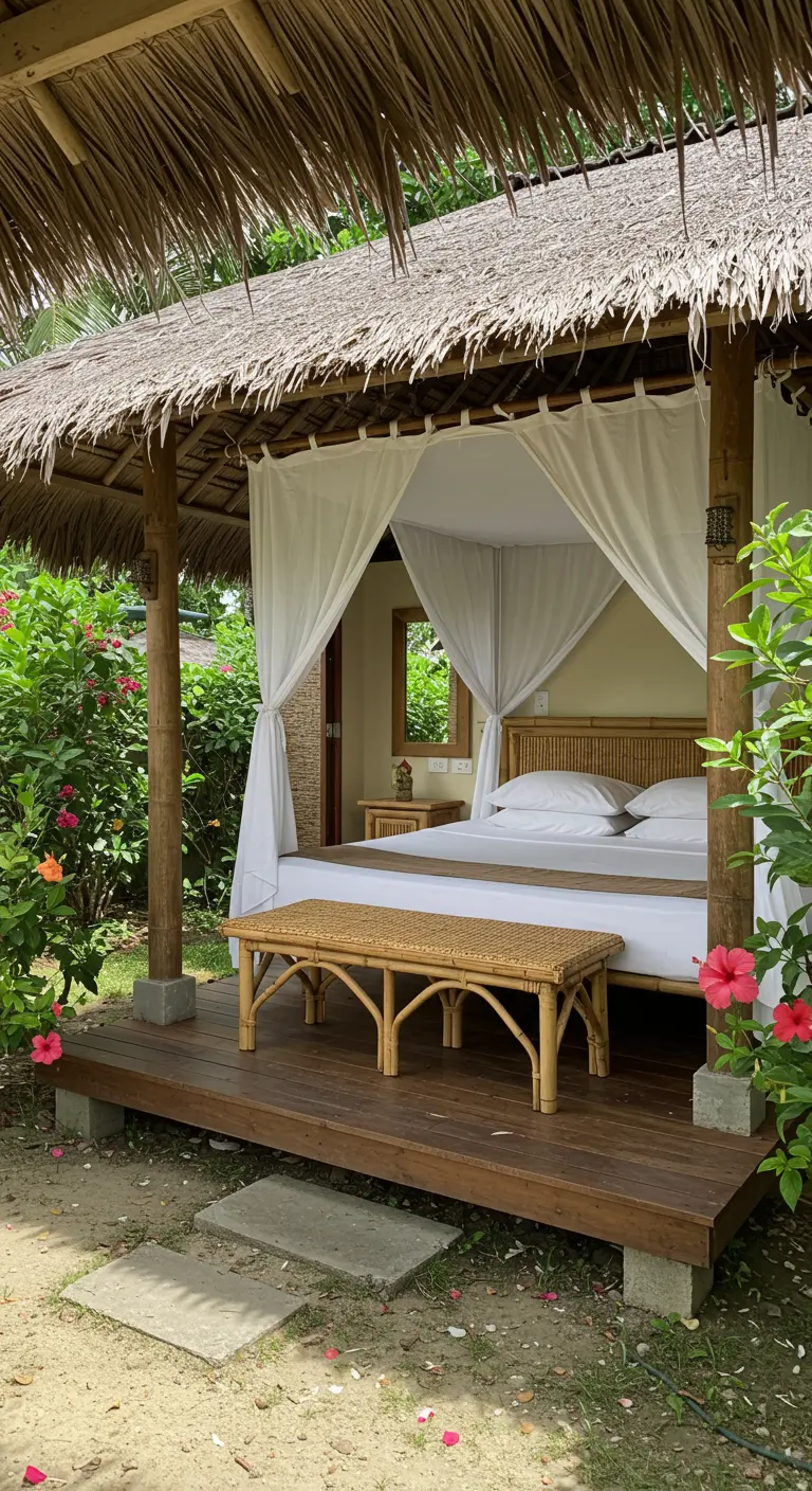 Outdoor canopy bed on a deck with a thatched roof and rattan bench.