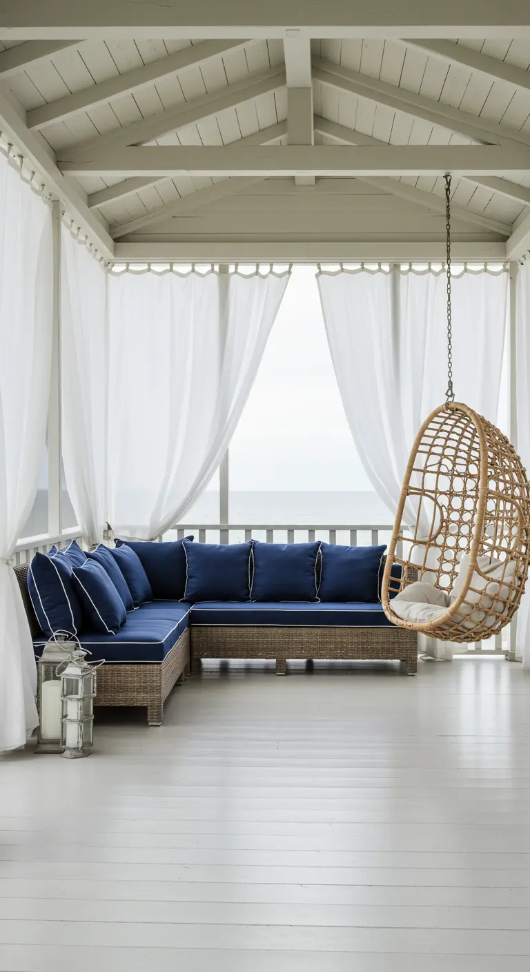 Covered porch with a wicker sectional, hanging rattan chair, and billowing white curtains.