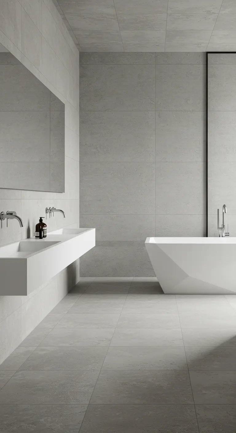 Expansive minimalist bathroom with light grey large-format tiles and a floating vanity.