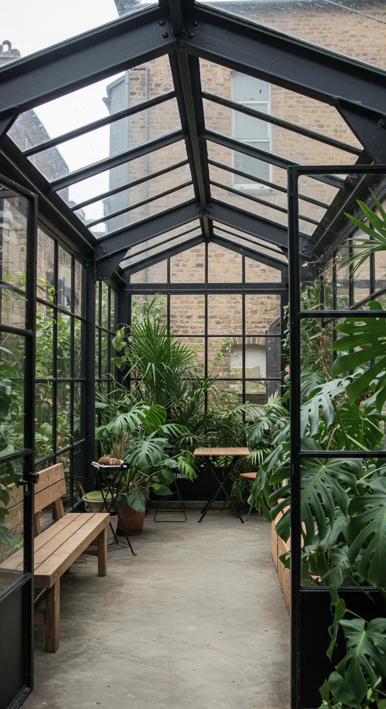 A glass and black steel-framed greenhouse filled with lush green plants and a wooden bench.