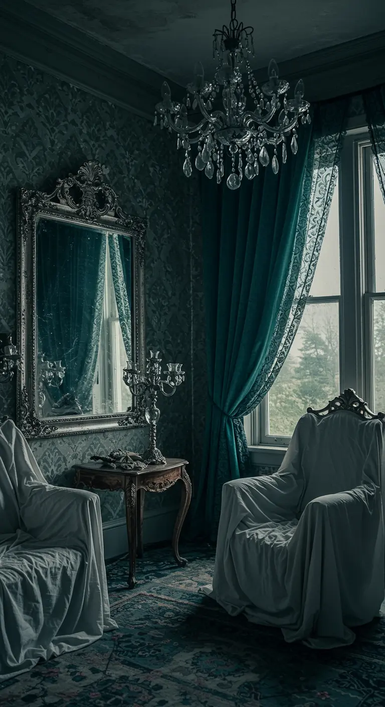 A moody, dark green room where furniture is covered in white cloths, creating a ghostly feel.
