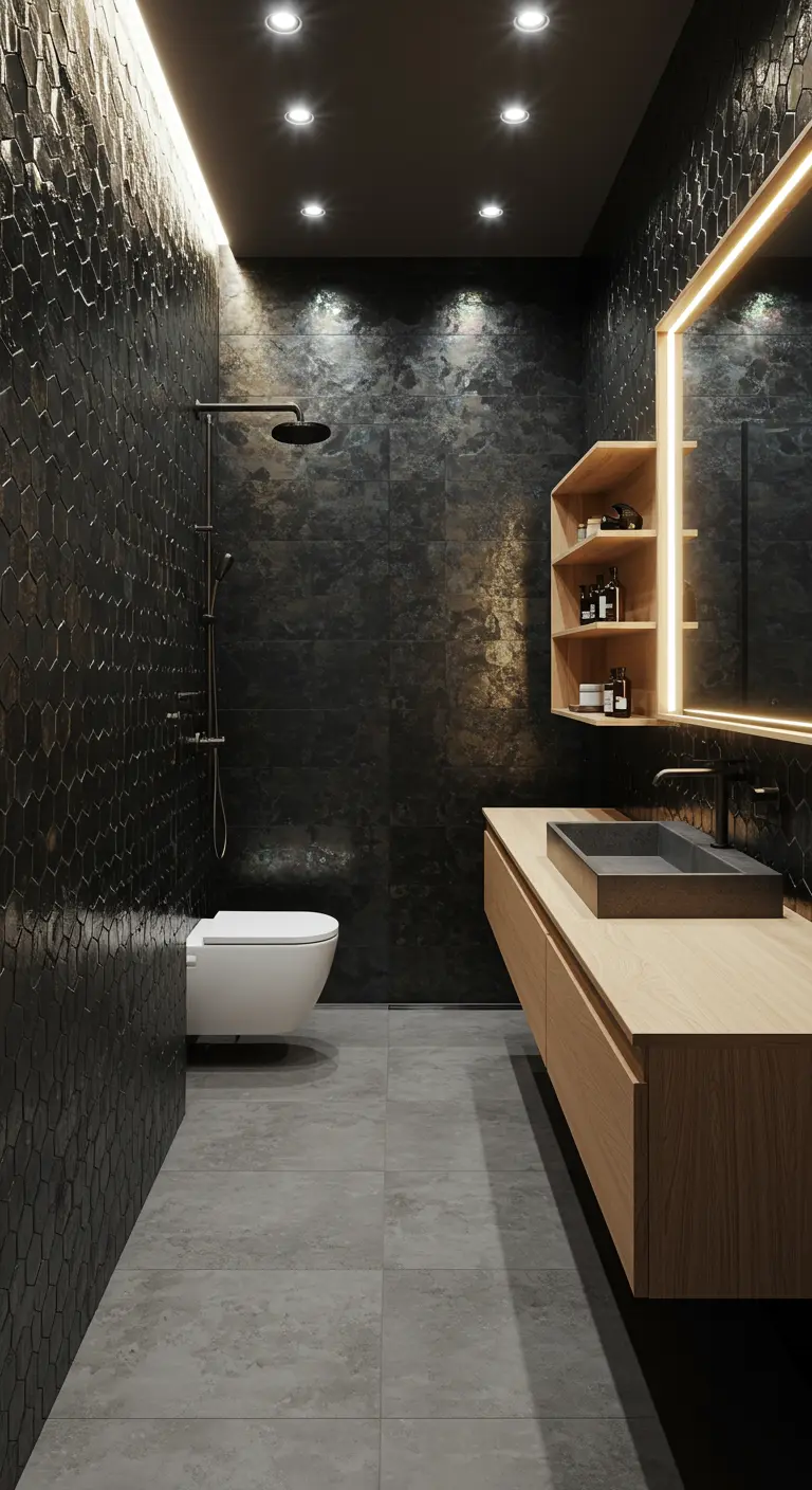 A dark, moody bathroom with textured black tile walls and concealed accent lighting.