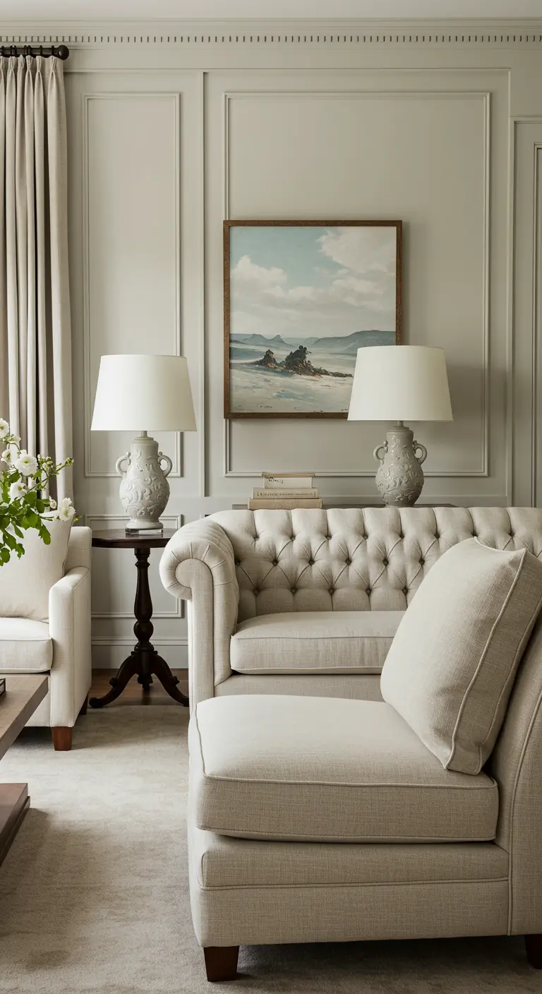 Tufted neutral sectional with matching side tables and lamps creating a symmetrical layout.