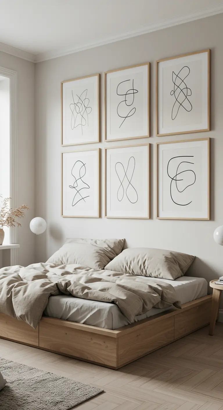 A six-piece line art gallery wall above a bed in a neutral bedroom.