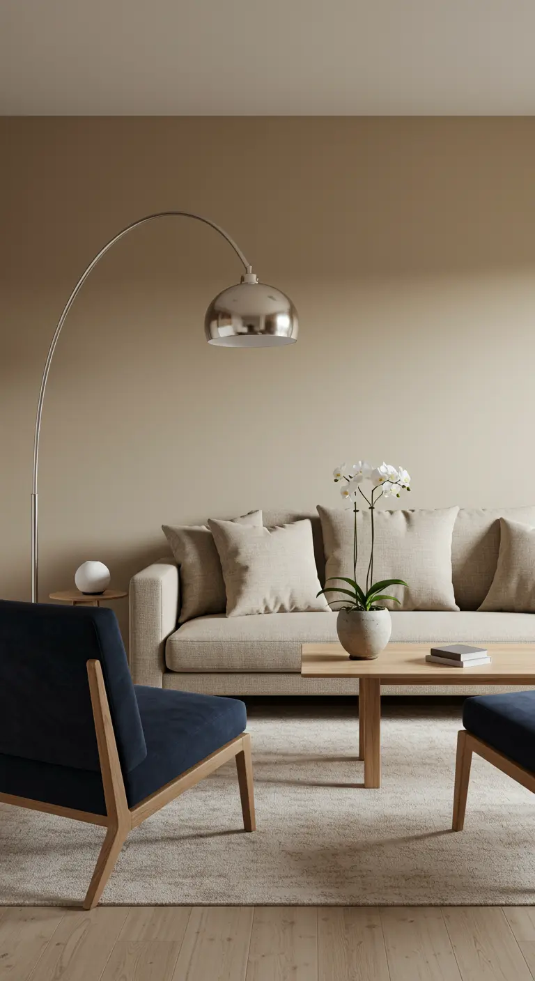Minimalist room with greige walls, a navy armchair, and a polished nickel arc floor lamp.
