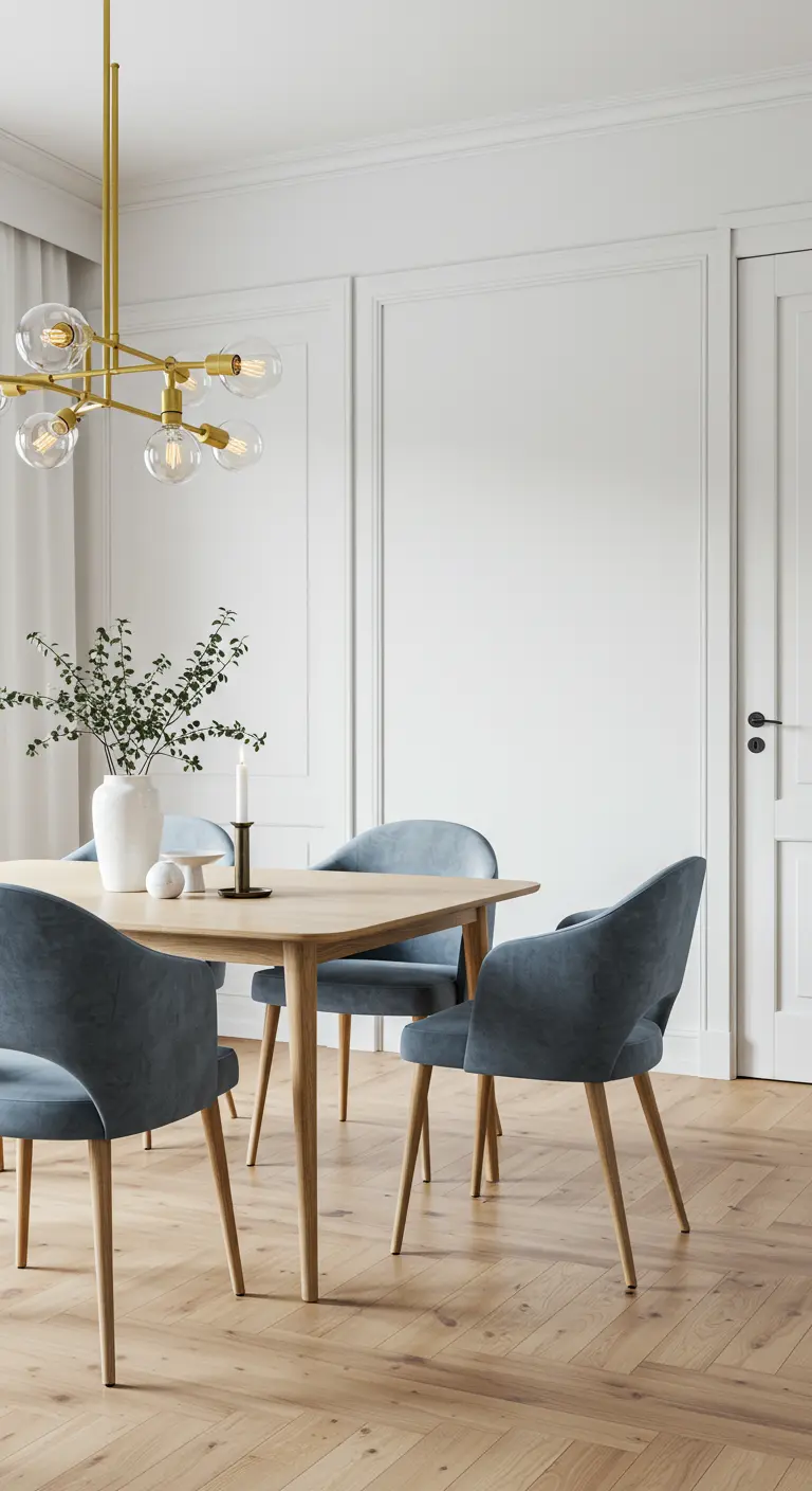 Dining room with dusty blue velvet chairs, a light wood table, and a linear brass chandelier.