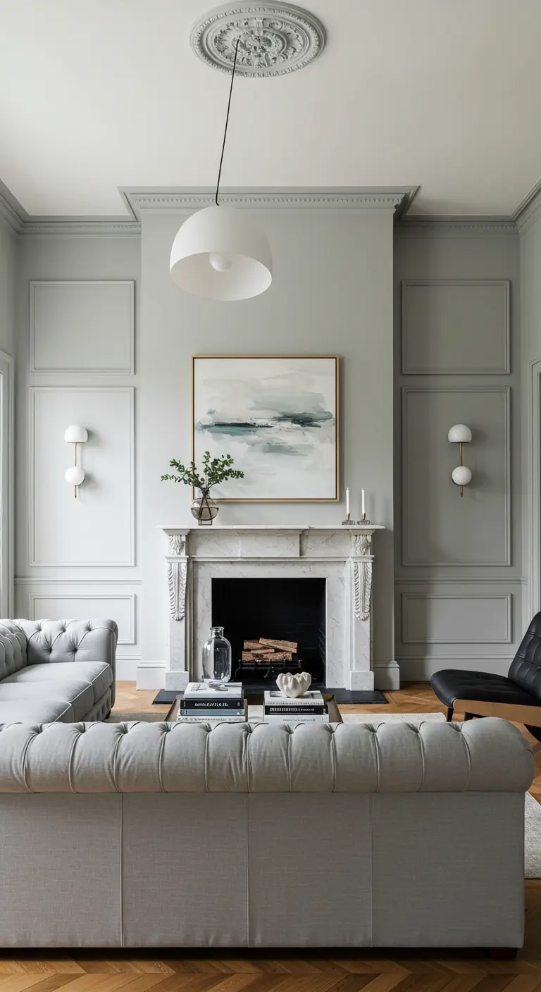 Symmetrical living room with a grey tufted sofa and a marble fireplace.