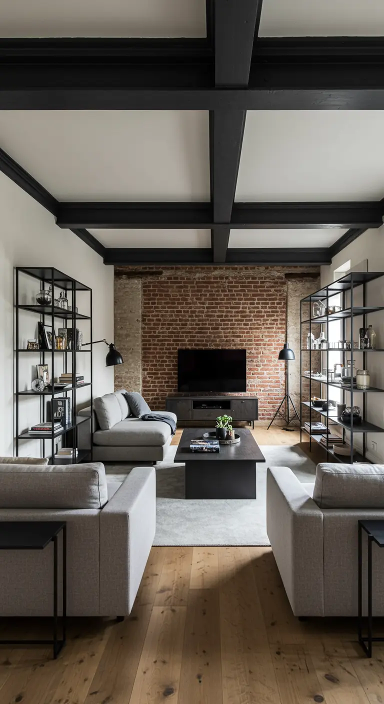 Symmetrical living room with two grey sofas and black shelving units framing a brick wall.