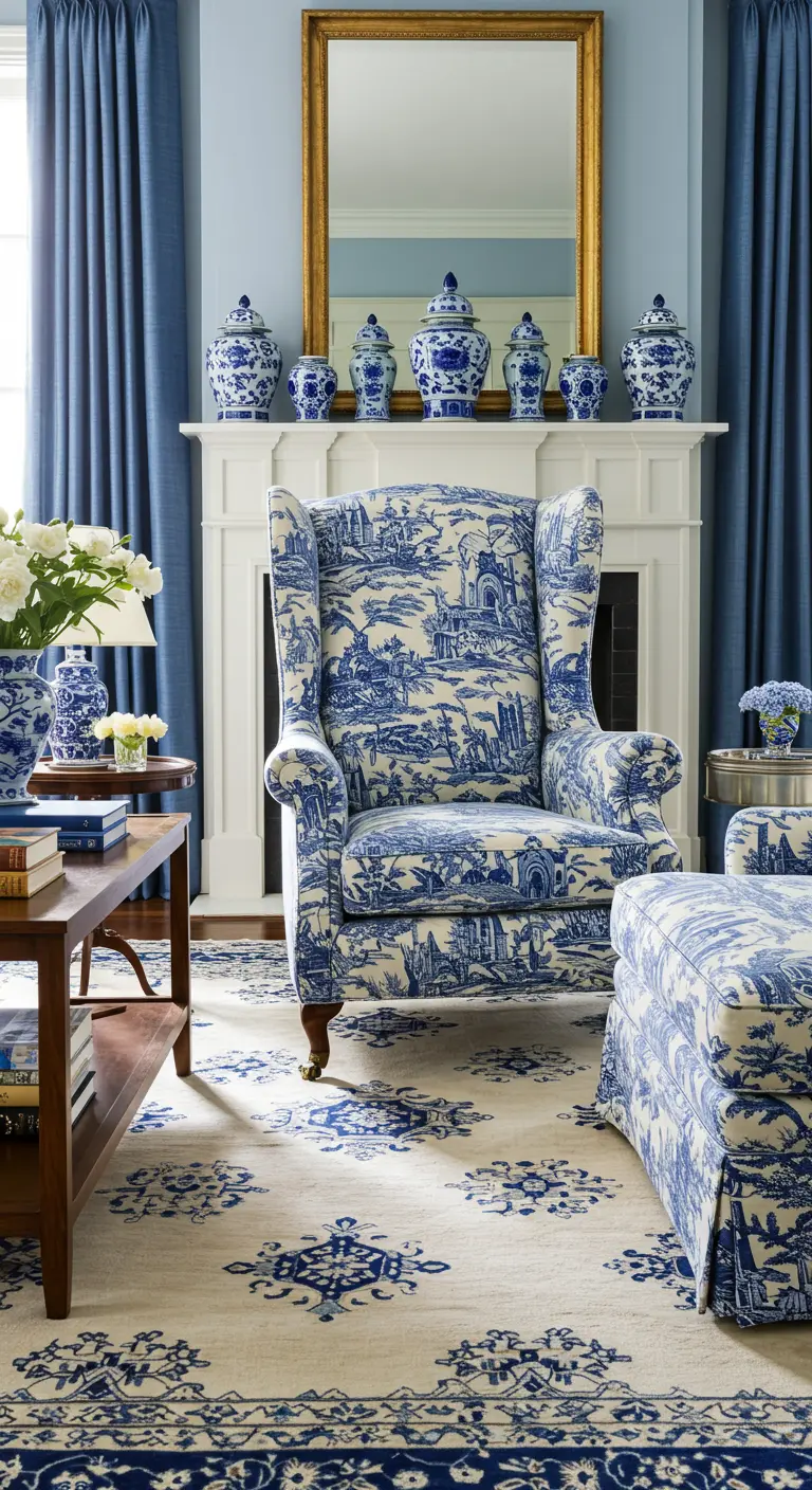 Blue and white toile wingback chair in a room with blue walls and a matching blue and white rug.
