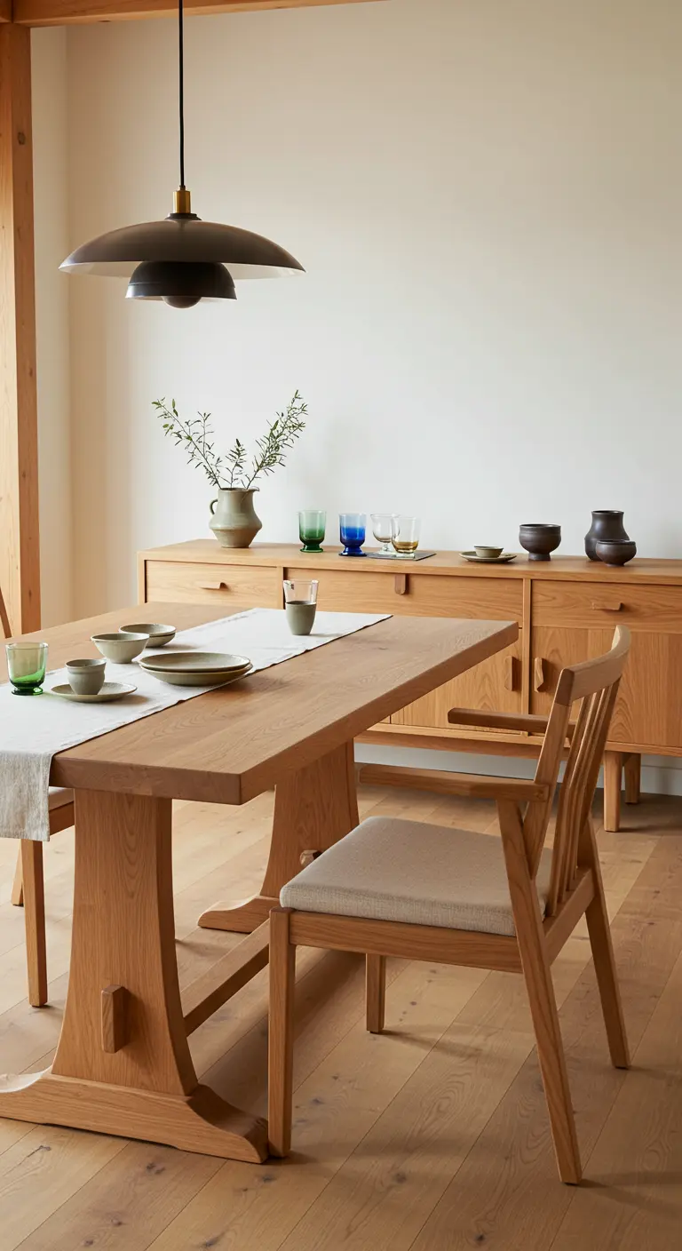 A cohesive Japandi dining room with a matching raw oak table and sideboard.