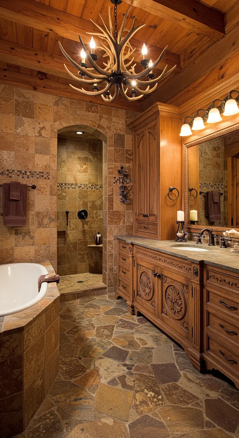 Traditional rustic bathroom with a heavily carved wooden vanity and an arched shower.