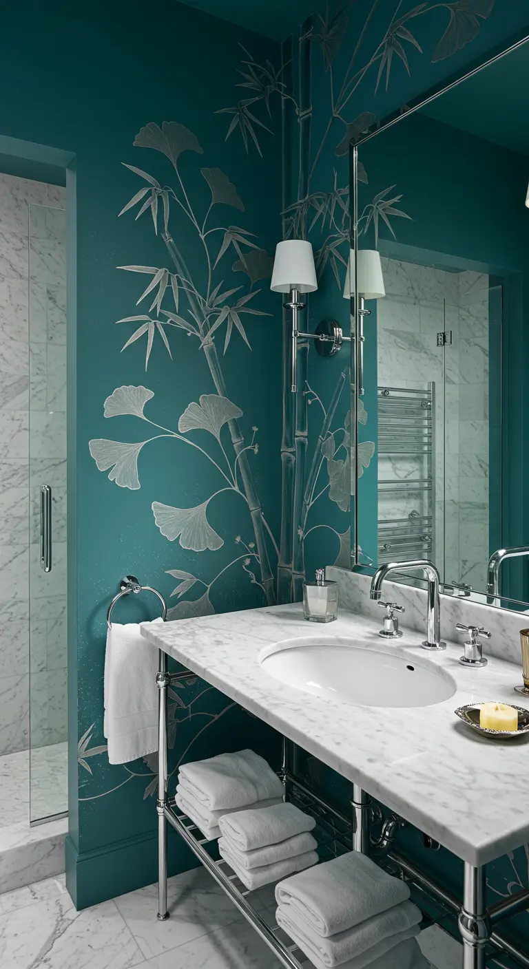 Teal bathroom with silver bamboo mural and a marble-topped chrome vanity.