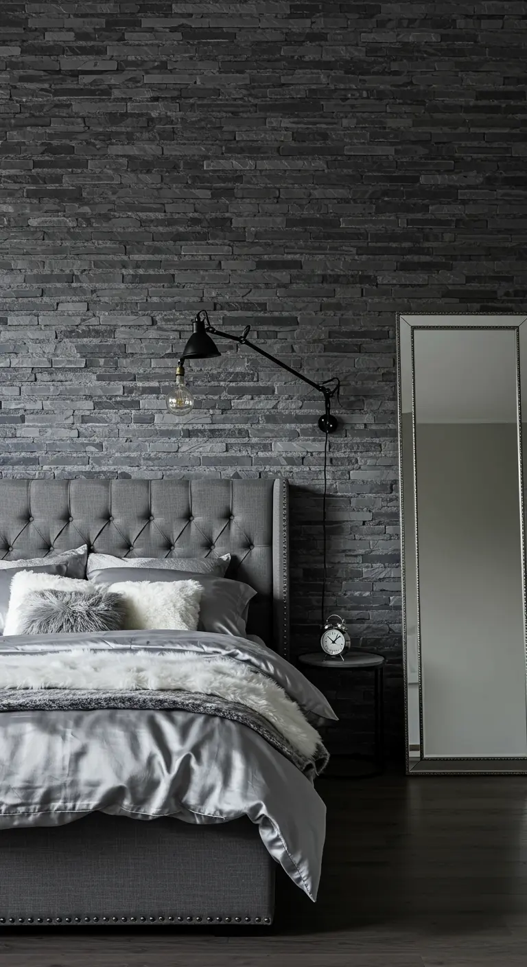 A sophisticated grey bedroom with a stacked slate accent wall and a grey tufted bed.