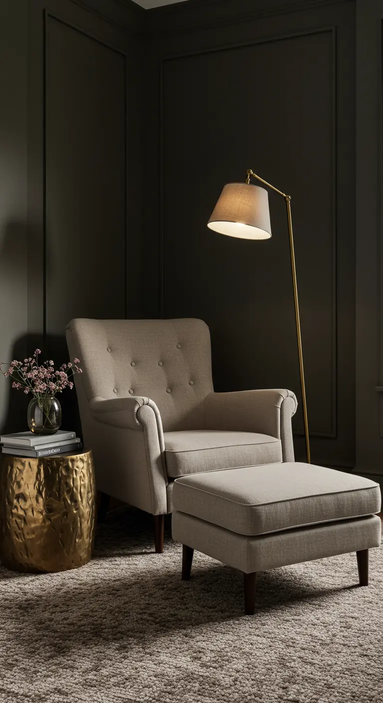 Reading nook with a beige armchair against a dark charcoal wall.