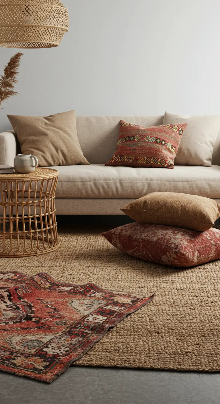 A close-up of a red patterned rug layered on top of a larger natural jute rug on the floor.