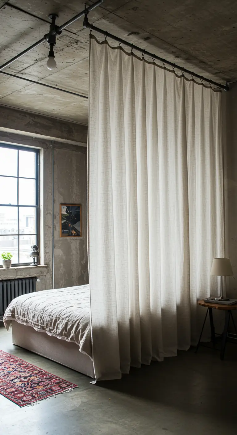 A loft bedroom separated from the main space by a floor-to-ceiling off-white curtain on a track.